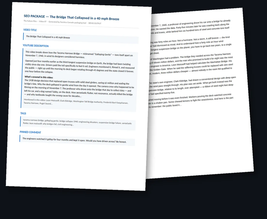 An SEO Package document: video title, YouTube description, tags and pinned comment, ready to paste