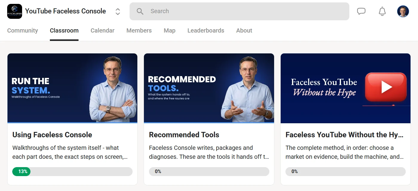 The YouTube Faceless Console classroom on Skool, with the Using Faceless Console, Recommended Tools and book training